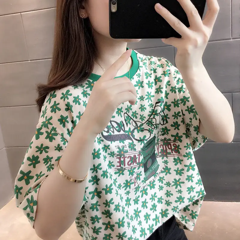 

Cotton short sleeve T-shirt floral loose women's 2021 summer new fashion Joker T-shirt clothes ins tide