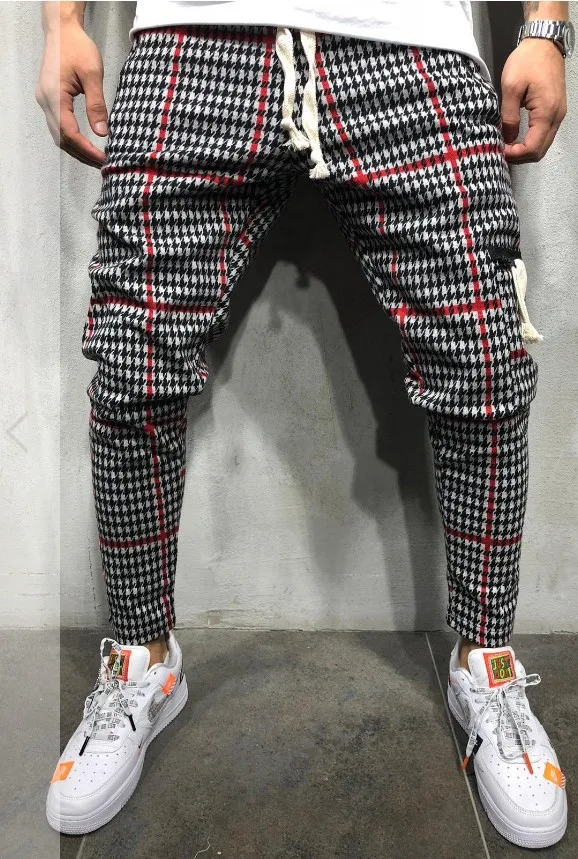 

New Mens Pants Fashion Casual Long Pants Plaid Hip Hop Harem Trousers Streetwear Stacked Sweatpants Men