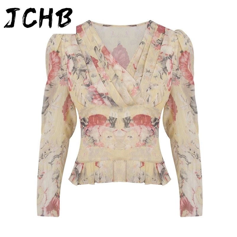 

JCHB 2021 New Spring And Summer Fashion Casual Slim Patchwork V-neck Chiffon Top With Thin Waist Puff Sleeve Shirt Women SH415