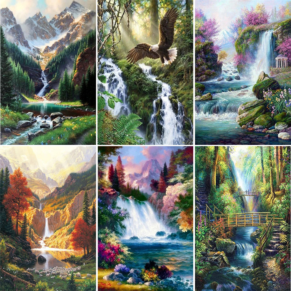 

5D алмазная живопись «сделай сам», горная река, водопад, пейзаж, круглая вышивка, алмазная инкрустированная стразы, искусство, украшение на с...