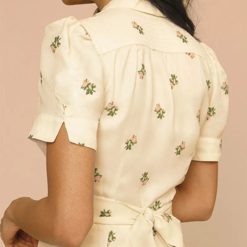 

2021 Summer Dress for Women Floral Printed Short Puff Sleeve High Waist Vintage Mini Dress Ladies Notched Midi Robe with Buttons