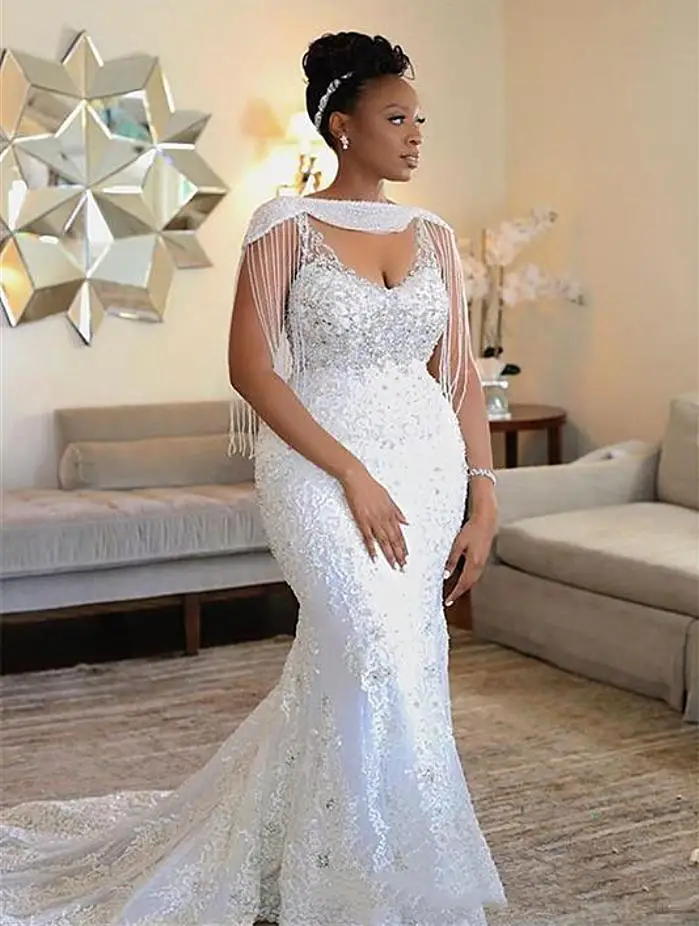 

African White Straps Mermaid Wedding Dresses Appliques Lace Beaded Crystals Cape Sleeve Long Tassel Bridal Gowns Plus Size Vesti