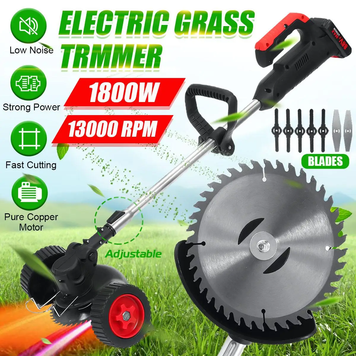

88VF 1800W Electric Grass Trimmer Powerful Cutter Weeder Lawn Mower Cordless Cutting Machine Garden Tool with 2PC Li-ion Battery