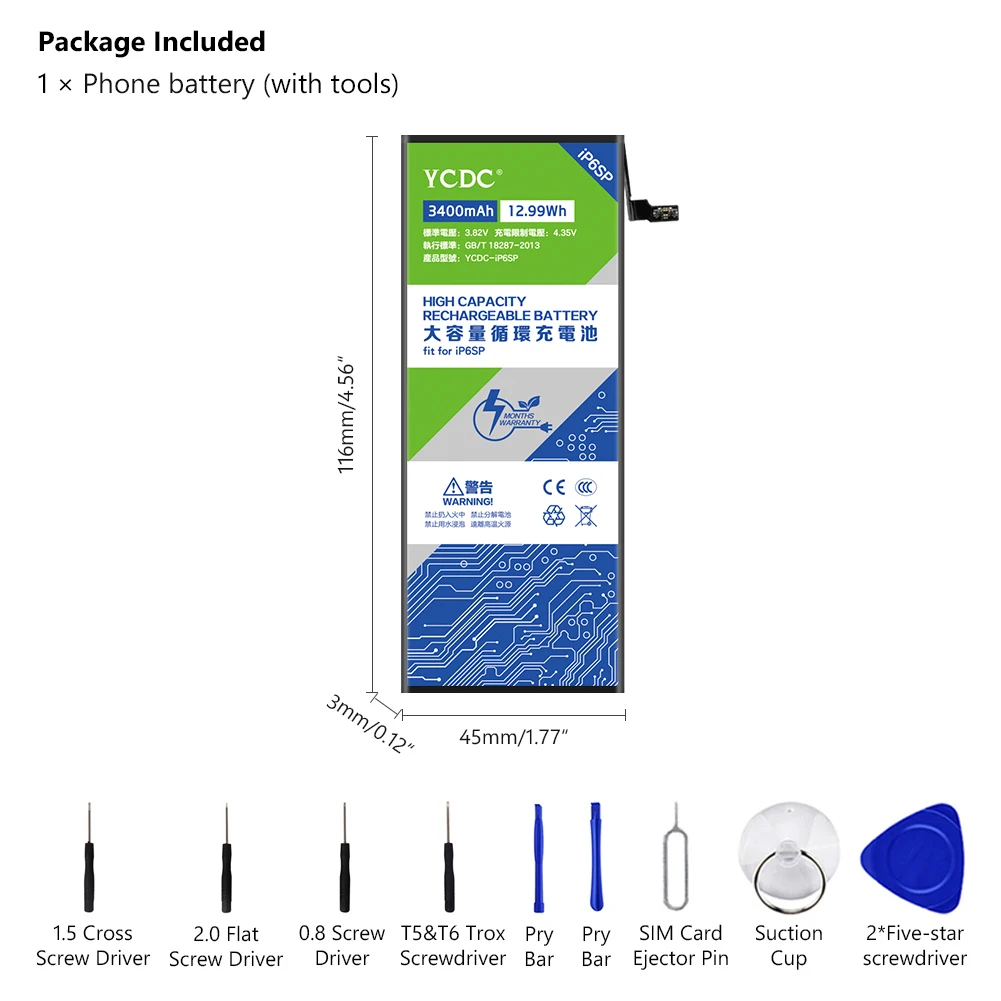 YCDC High Capacity 3400mah Mobile Phone Battery For iPhone 6S Plus 6S+ 6SPlus Replacement Batteries + Repair Tools | Электроника