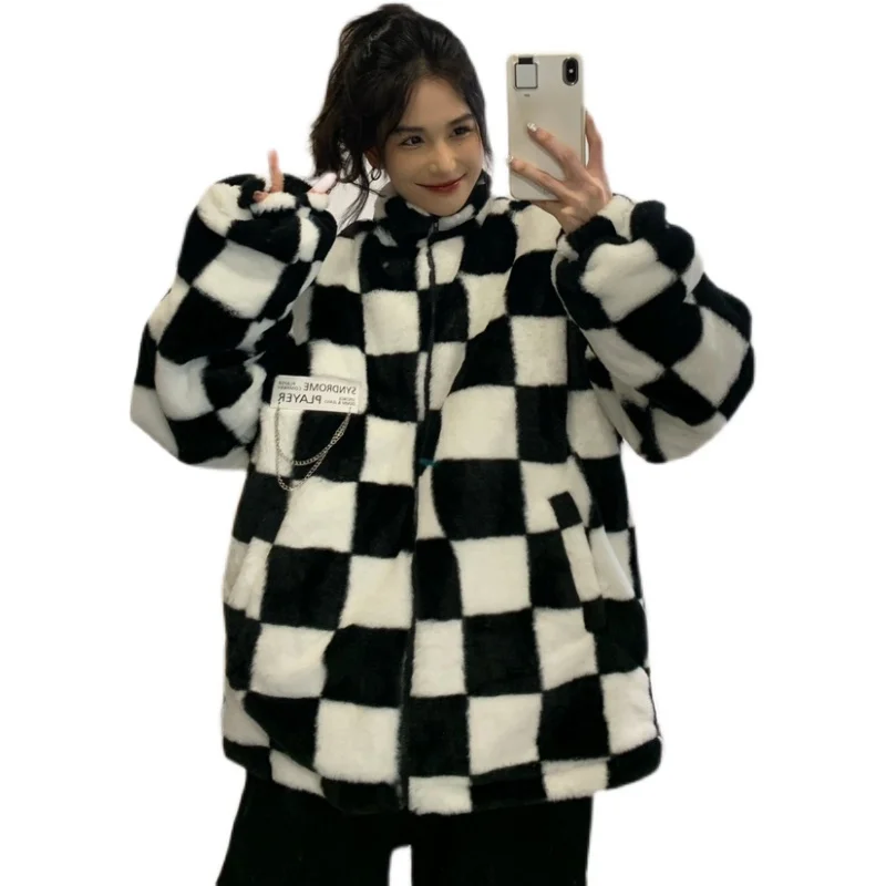 Модный женский оверсайз из искусственной овечьей шерсти в черно-белую клетку