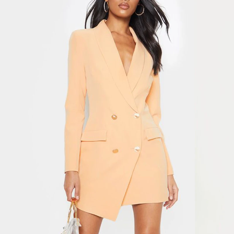 2019 модное двубортное платье-Блейзер Мини-халат Femme однотонное асимметричное