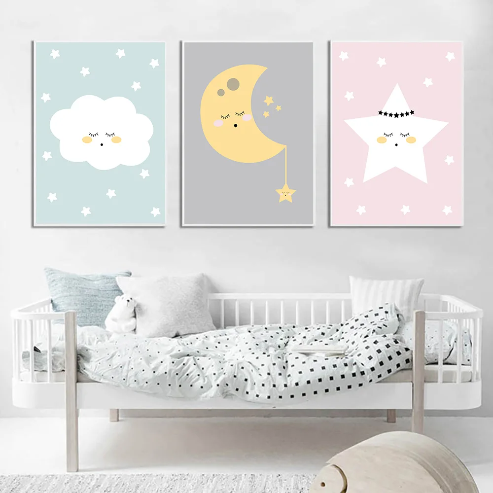 Мультяшный принт картина звезда луна облако холст настенная живопись искусство