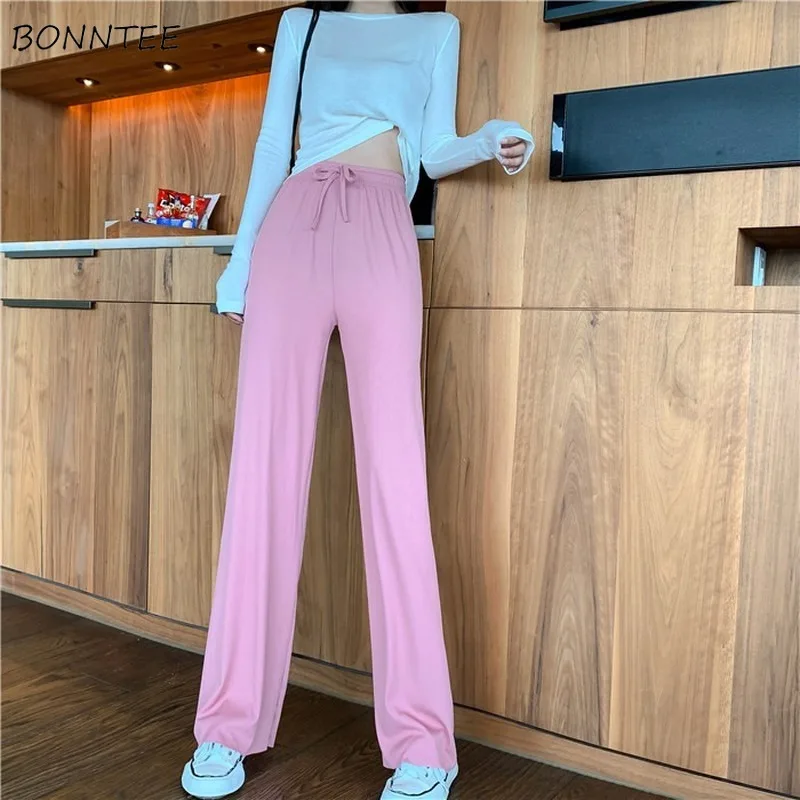 

Casual Pants Pink Pure Drapes Wide Leg Drawstring Leisure Loose Chic Floor Length Womens Trendy Elegant Female Trousers Clothing