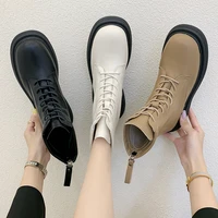 2022 new chunky platform ankle boots for women fashion back zipper lace up motorcycle boots woman pu leather square heel botas
