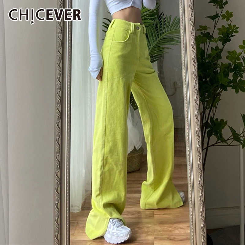 

CHICEVER Minimalist Solid Women's Pants High Waist Full Length Side Split Straight Loose Women Denim Pant 2021 Fashion Clothing