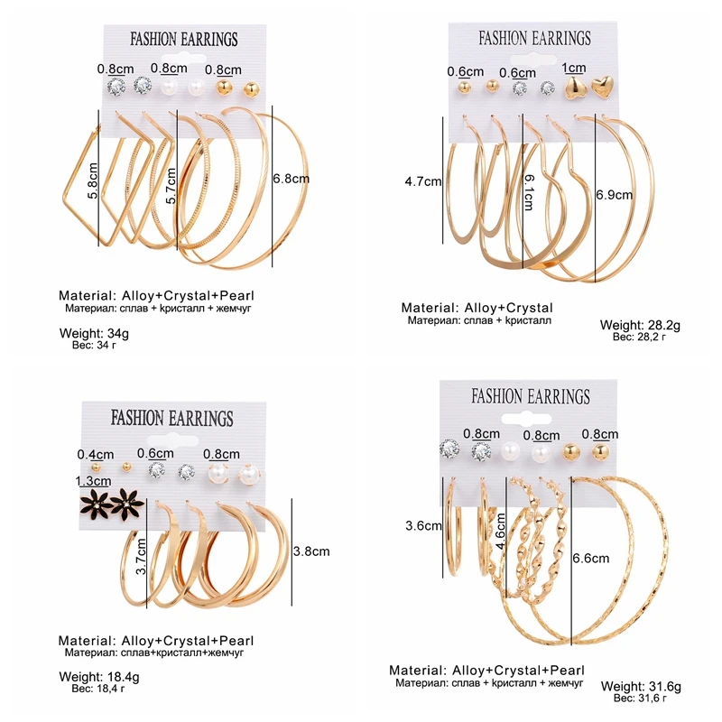 

KISS WIFE Vintage Geometirc Metal Hoop Earrings Set For Women Pearl Crystal Gold Silver Color Stud Earrings 2021 Trend Jewelry