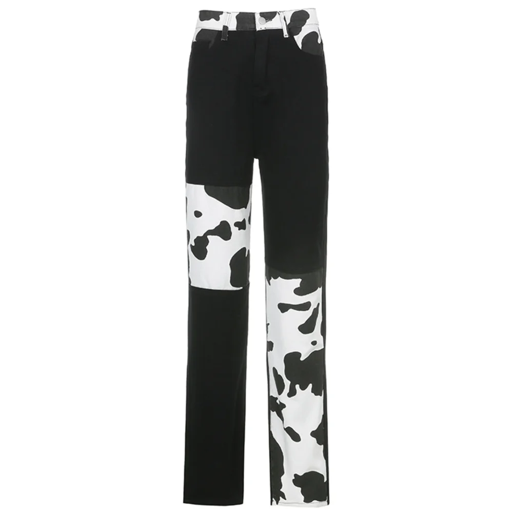 

XBUEN Women Casual Jeans Mid Waist Fashion Cow Patchwork Denim Pants Streetwear Straight Trousers Woman Autumn Clothes 2021