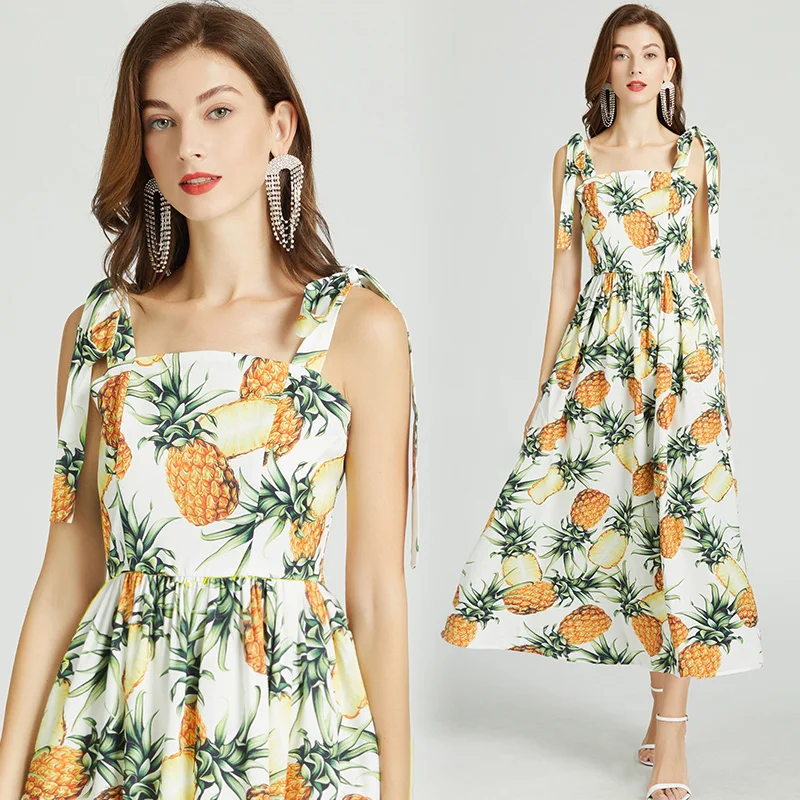

Женское летнее платье с принтом ананасов, элегантное модное богемное пляжное платье на бретелях-спагетти, повседневные Подиумные короткие платья желтого цвета