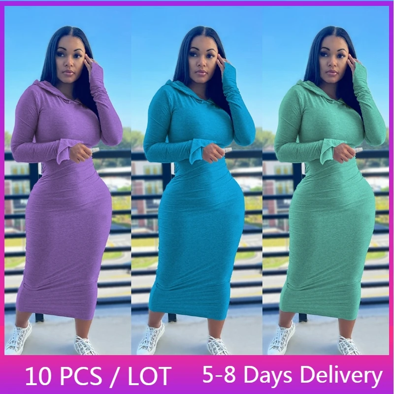 

Оптовая продажа, облегающее платье с капюшоном на весну и осень, женская одежда, длинное платье миди, Повседневное платье с расклешенным рукавом, платья