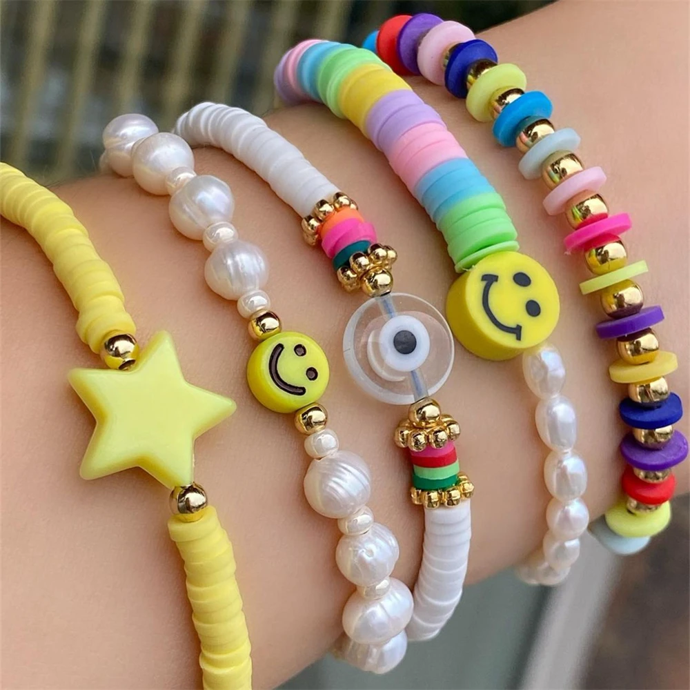 

Go2Boho Fashion Pearl Heishi Disc Bracelet Evil Eye Smiley Star Beads Beaded Polymer Clay Stacking Bracelets for Women Jewelry