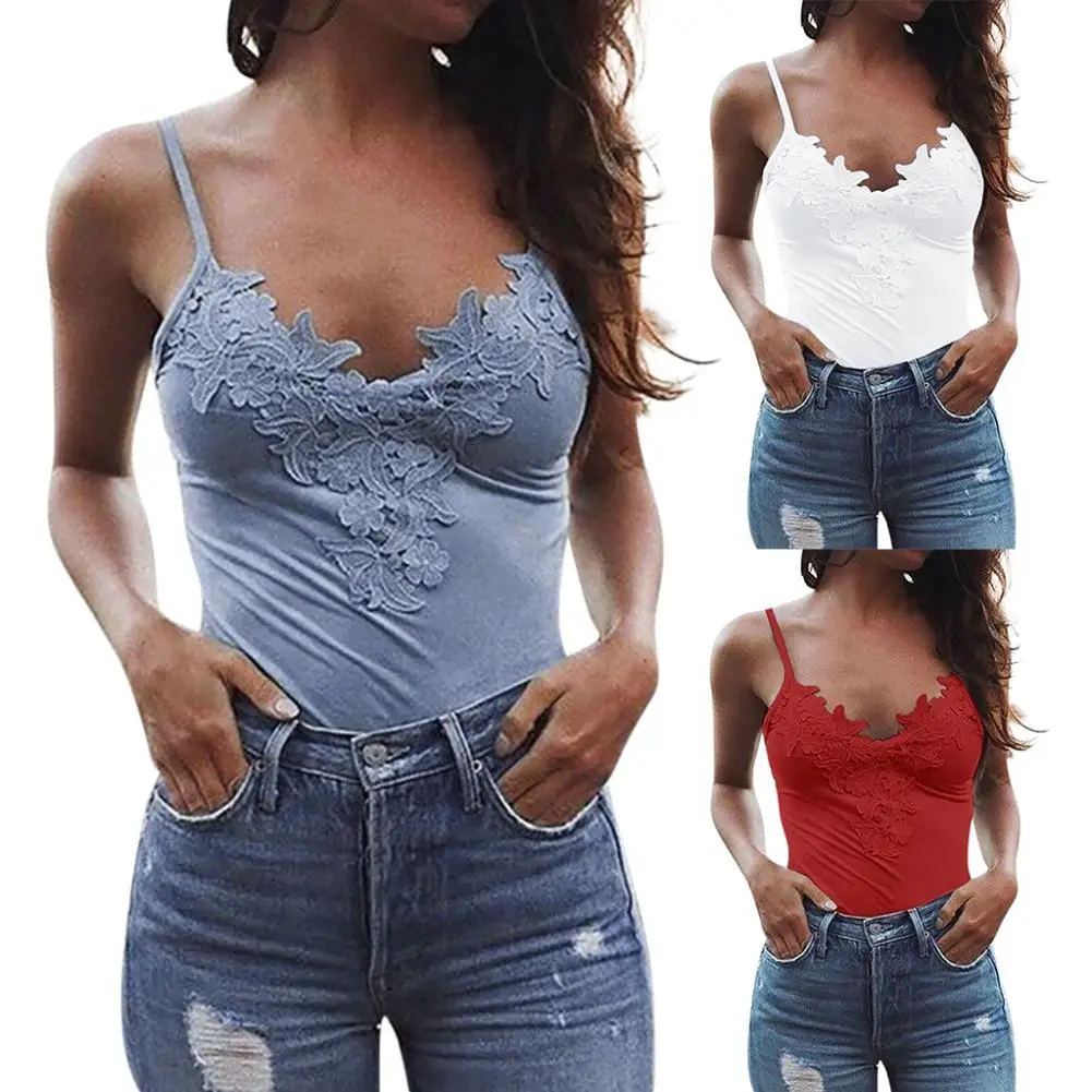 Лидер продаж Женская кружевная майка на бретельках без рукавов однотонная с V