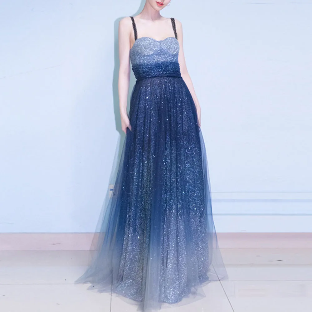 

Платье женское длиной до пола для выпускного вечера, пикантное Сетчатое вечернее на бретелях-спагетти, без рукавов, синее, с блестками, 2020