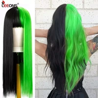 leeons lolita cosplay wig half green half black wig long straight wig with bangs cosplay wig two tone ombre wigs synthetic wigs