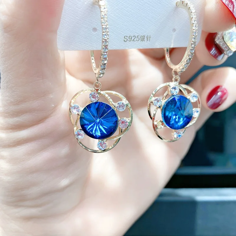 

New 925 Sterling Silver Blue Crystal Hollow Flower Pendant Earrings Women Girl Stylish Jewelry Personality Gift