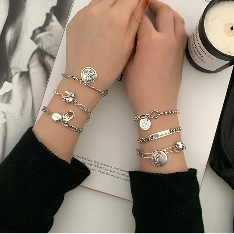 

Distressed Thai Silver Retro Wafer Combination Silver Bracelet Ins Cold Style Fashion Bracelet Accessories Fashion Jewelry