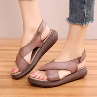 oukahui fashion summer vintage genuine leather flat platform sandals for women 2020 hook and loop cross strap flat sandals woman
