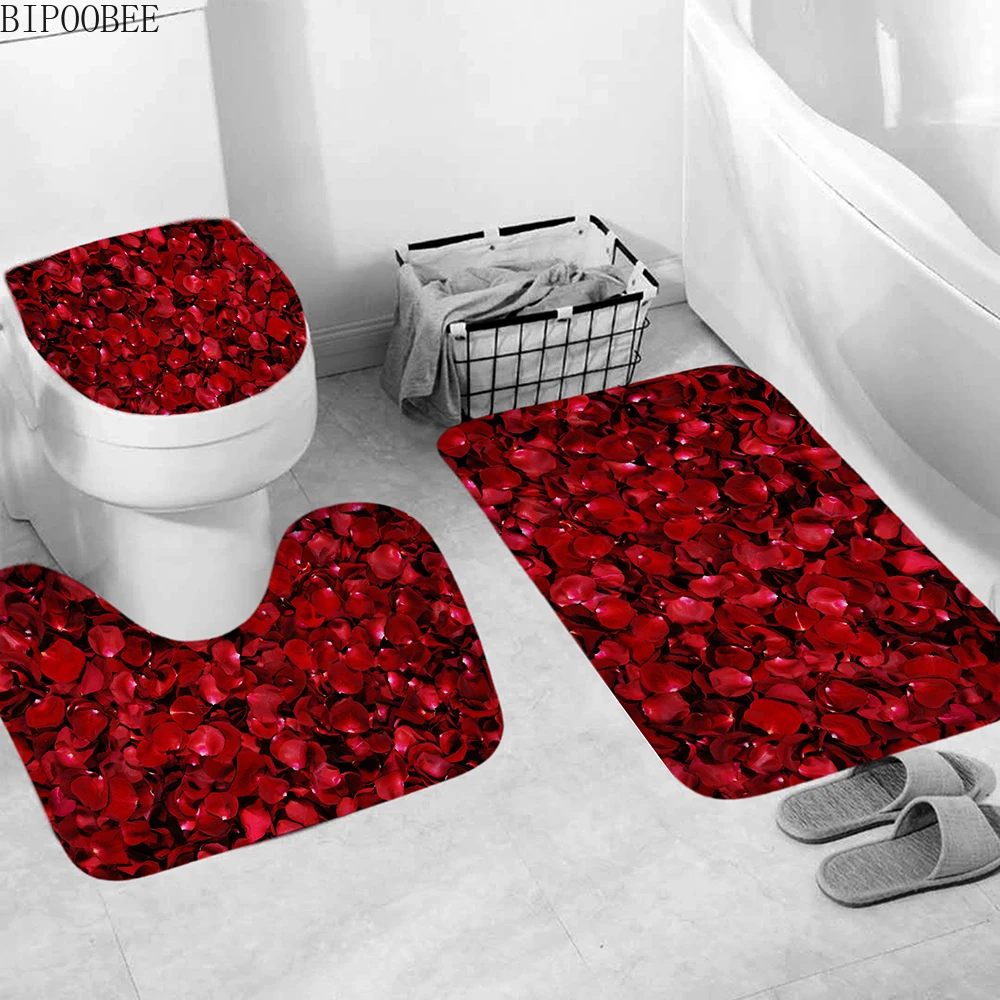 cortina de chuveiro de tecido com flores vermelhas tapetes antiderrapantes para banheiro 06