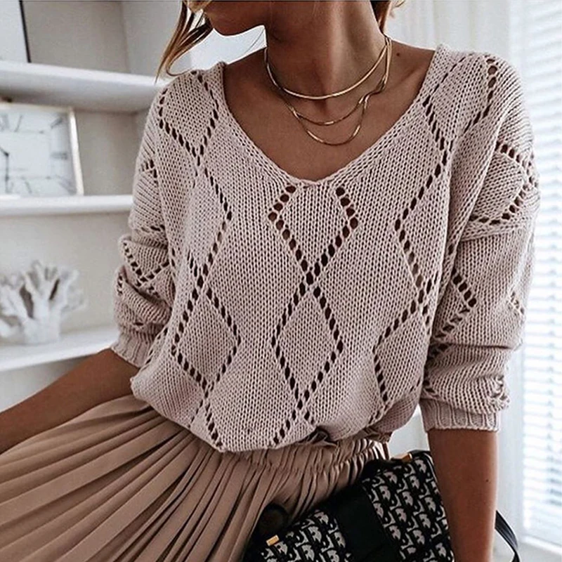 

Women's Autumn Pullovers knitted Sweaters 2021 Winter V-neck Casual Loose Hollow Sweater Female Solid Long Sleeve Tops jumpers
