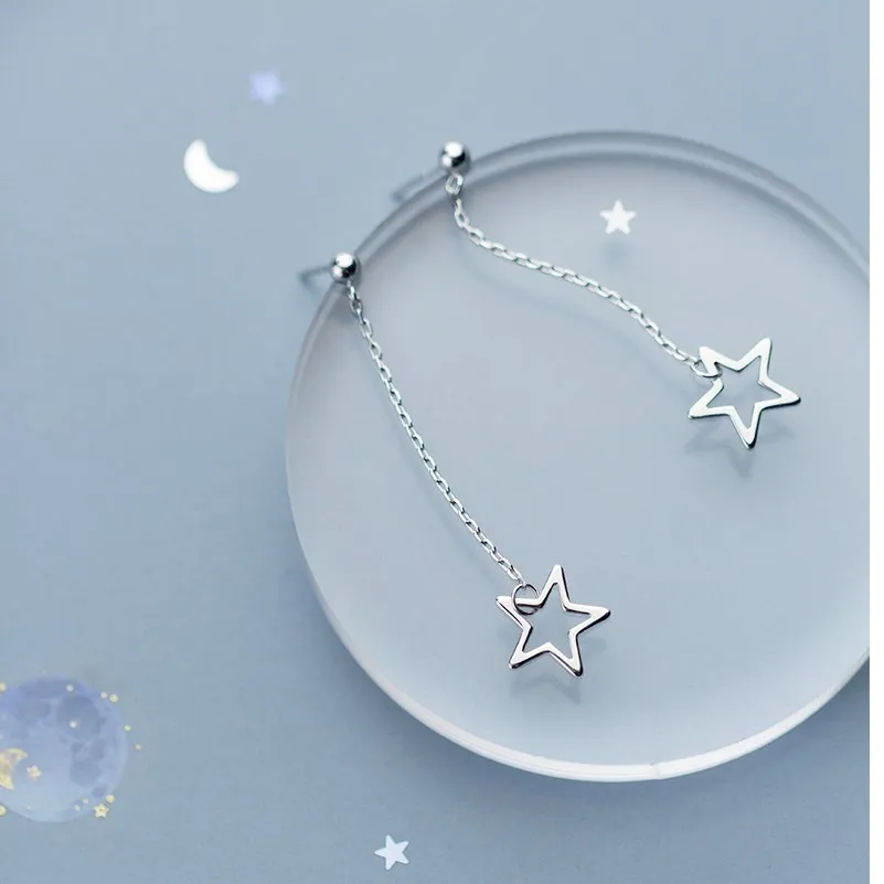 100% 925 Sterling Silver Delicate Star Pendant Earings Long Chain Hanging Ear Dangle Drop Earrings for Women | Украшения и