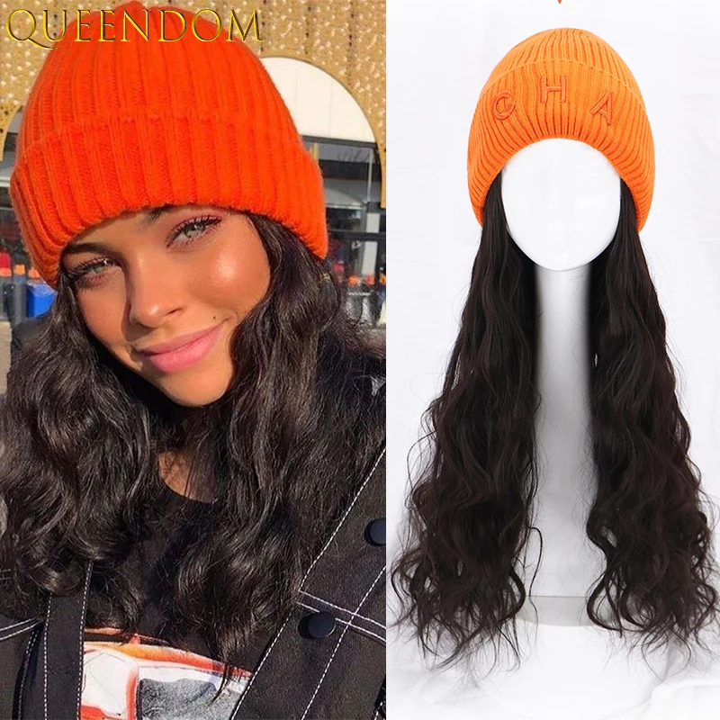 

Orange Knitted Hat Body Wave Wigs for Black Women Light Brown Wave Wig Natural Synthetic Heat Resistant False Hair Cap Hair Wig