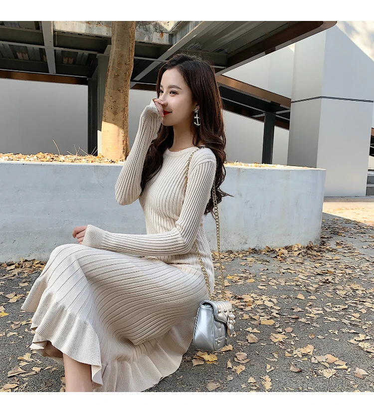

Women Sweater Dress Autumn Winter Clothes New Fashion Ruffle Long Sleeve Dress Women Casual Length Dress