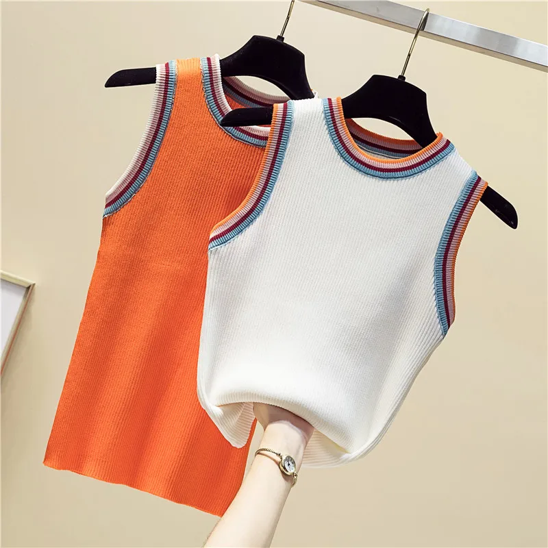women Striped Color collision knitted vest female lady Girls suspenders waistcoats thin summer ice silk sleeveless Tank Tops