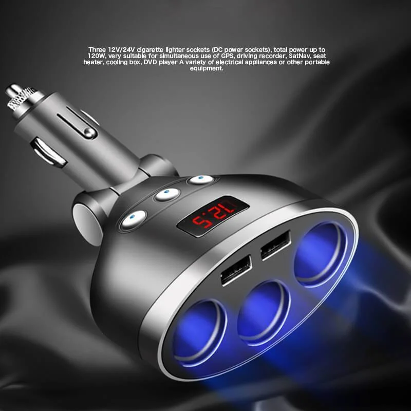 

3-Way+2.4A Dual USB Car Charger LCD Display 12-24V Cigarette Socket Lighter Fast Charger Power Auto USB Adapter Upgraded