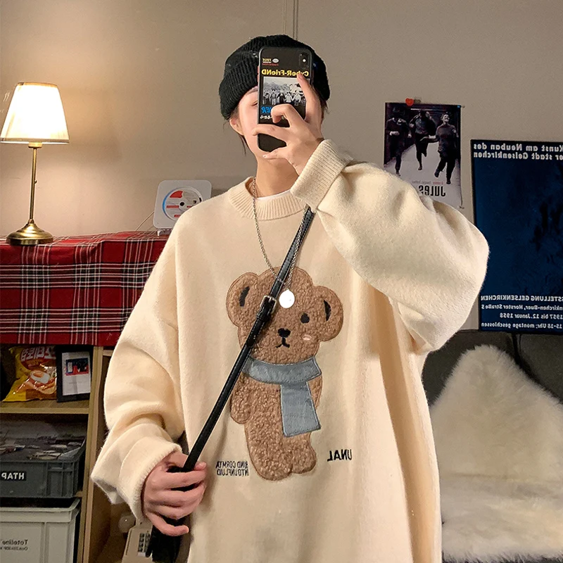 

Женский вязаный свитер с рисунком медведя, повседневный теплый толстый пуловер с длинным рукавом, Свободный джемпер с графическим принтом, ...