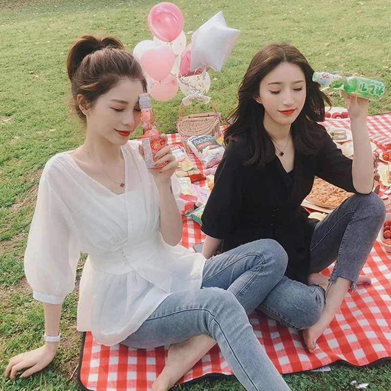 Летняя одежда очень Феи холодный стиль V образный вырез Топ Ретро шифоновая