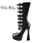 Женские ботинки из лакированной кожи Onlymaker, черные повседневные ботинки до середины икры на платформе с круглым носком и пряжкой с боковым ремешком, большие размеры