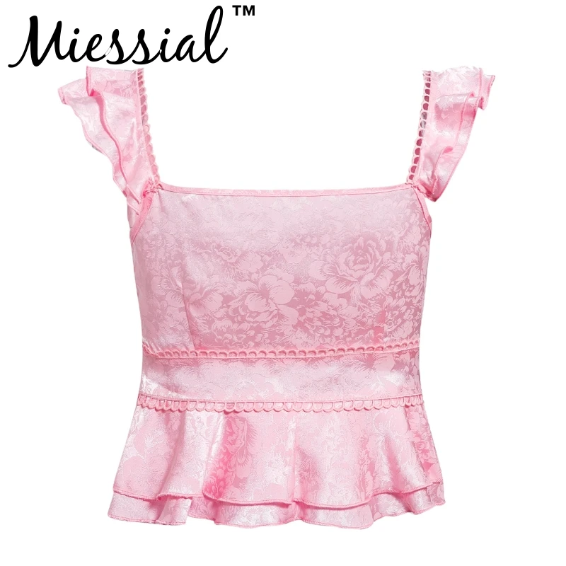 Miessial, Атласные оборки, жаккардовый сексуальный розовый топ на бретелях, женский короткий бандажный топ на бретельках, Женский бандажный укороченный топ с баской