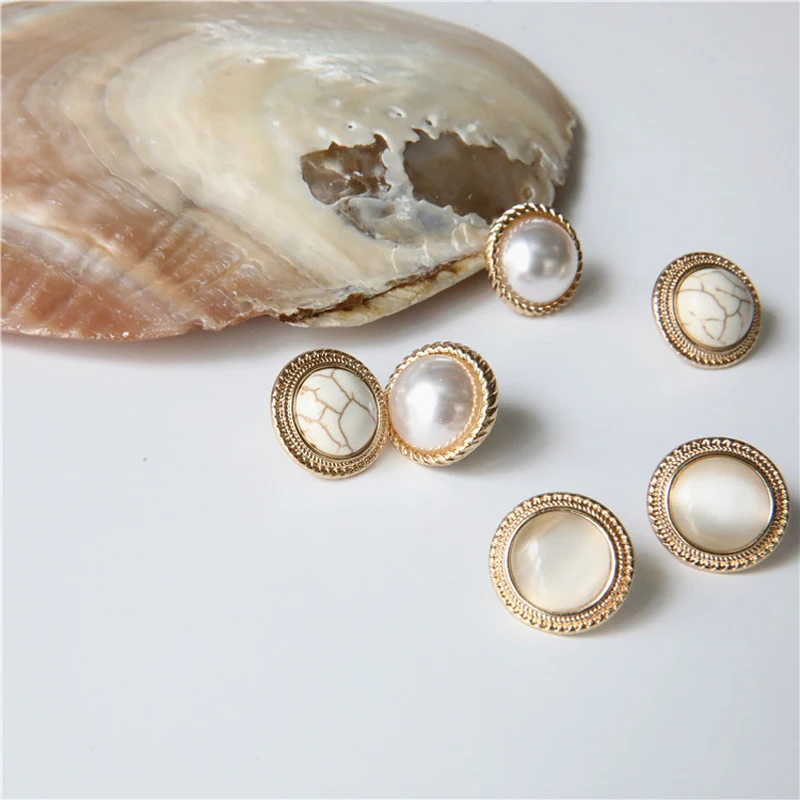 

2020 New Women's Fashion Japan Vintage Round Marble Opal Stone Big Stud Earrings For Women Fashion Temperament Simulated Pearl