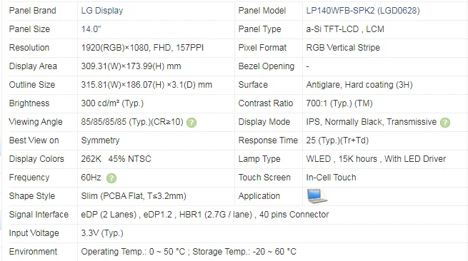 - LP140WFB SPK2 LP140WFB (SP)(K2), ,  ,   FHD