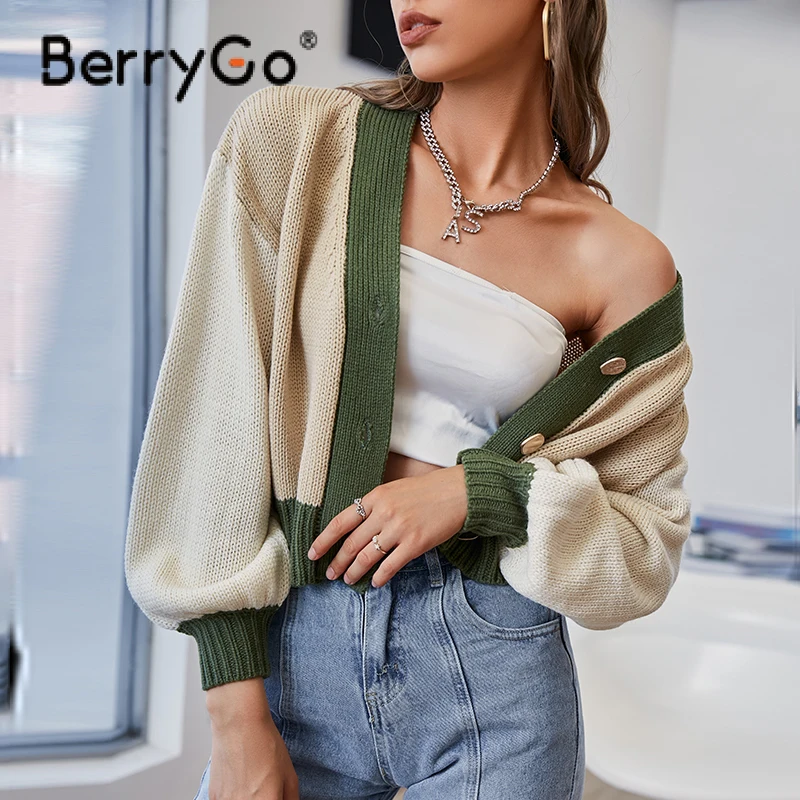 

BerryGo Autumn winter knitted cropped cardian women Solid single breasted loose jumper female tops Long sleeve V-neck sweater