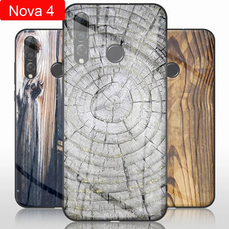 

Чехол Nova4 из закаленного стекла с деревянным камнем и узором, чехол для телефона Huawei Nova 4, защитный противоударный чехол
