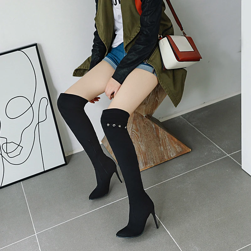 

WETKISS Black Sexy Women Long Boots Pointed Toe Thin Heel High Shoes Fashion Female Over The Knee Boots Metal Decor Zip Shoes