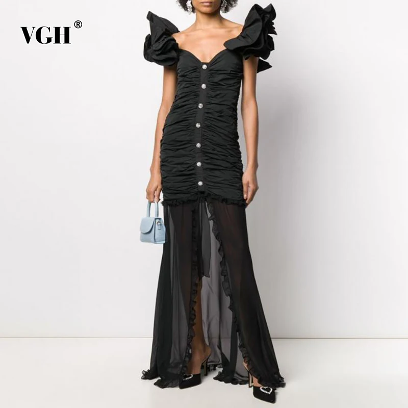 

Женское лоскутное платье с рюшами VGH, облегающее Макси-Платье с V-образным вырезом, коротким рукавом и высокой талией, летнее платье с рюшами