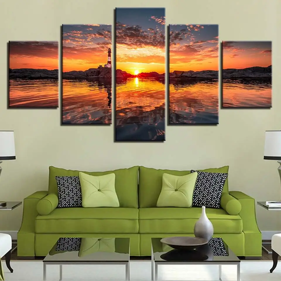 

Art Paintings Modular HD Printed Canvas Poster Framed Home Decoration 5 Pieces Sunset Seaview Landscape Living Room Wall Picture