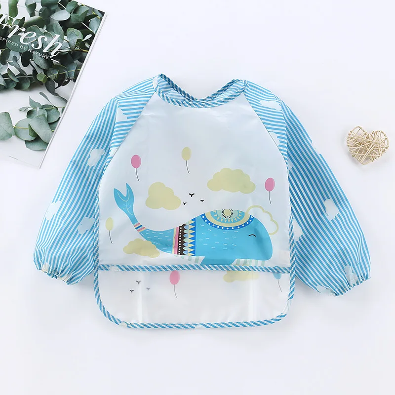 

2pc Lovely Cartoon Lange Mouwen Baby Slabbetjes Waterdichte Kinderen Eten Tekening Schort Met Pocket Baby Voeden Bib Burp Doek