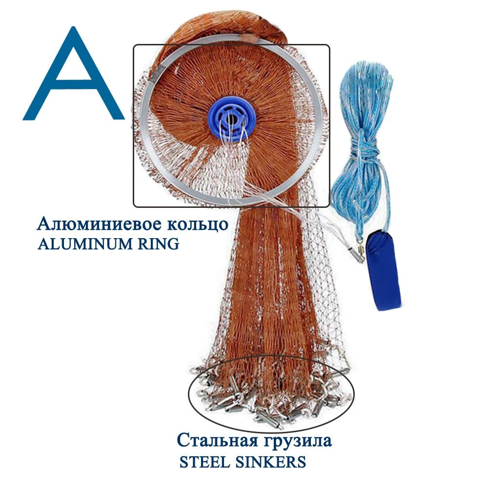 Lawaia Cast Net American Style Strong Braided Cable Hand Throw Fishing Net Aluminum Ring or Blue Ring Cast Network
