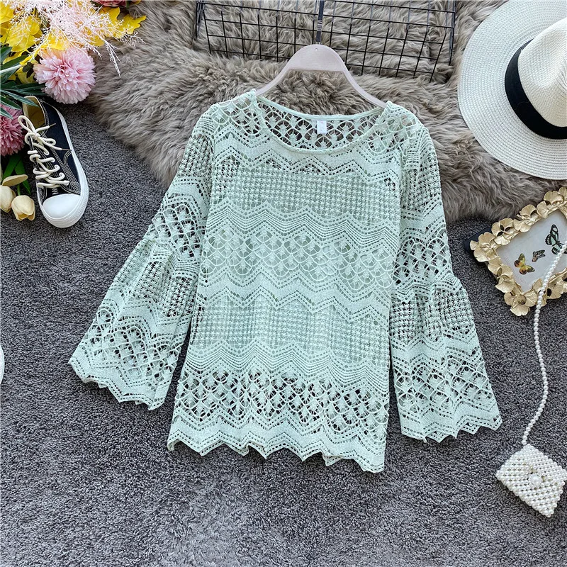 Женская блузка с длинным рукавом элегантная кружевная круглым вырезом и