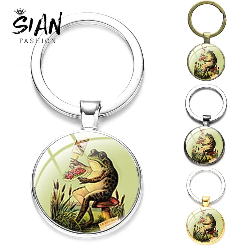 

SIAN Women Man Keychains Arrival Frog Cartoon Pictures Metal Pendant Key Chain Ring Round Glass Face Keyring Children's Favorite