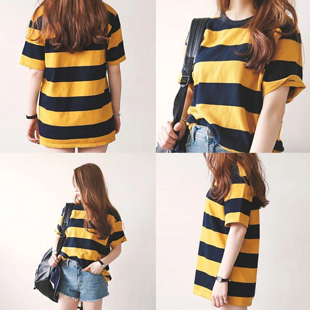 Новинка 2019 женская летняя черно-желтая полосатая Милая футболка с коротким