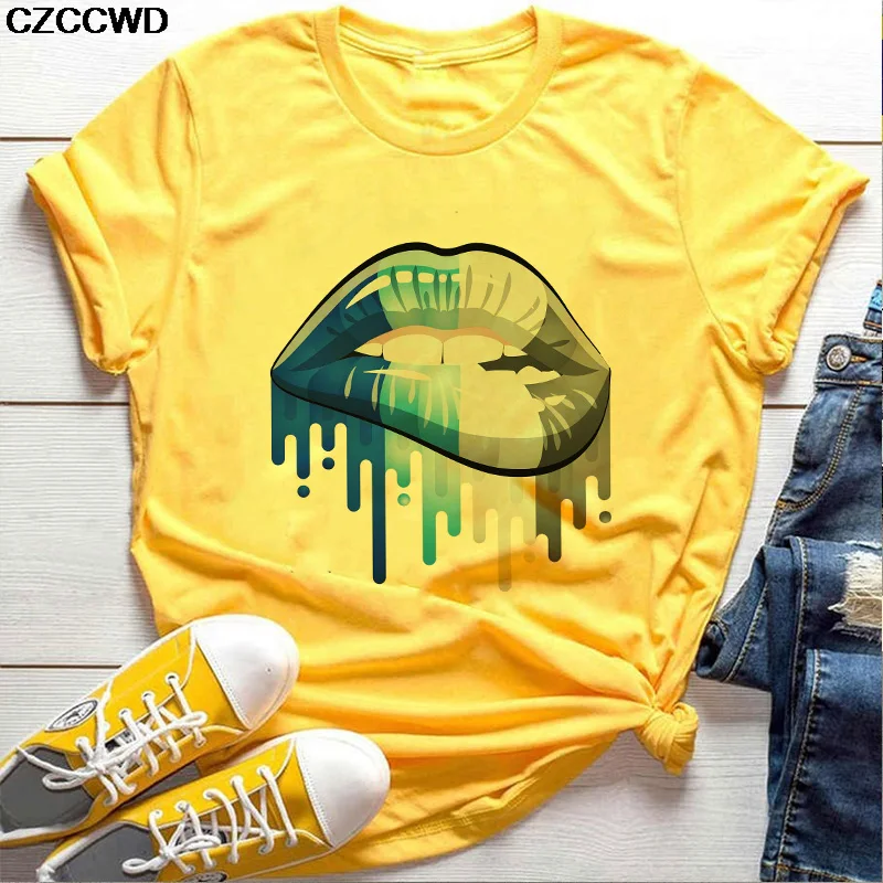 Футболка женская с принтом губ и леопарда базовый топ круглым вырезом помадой