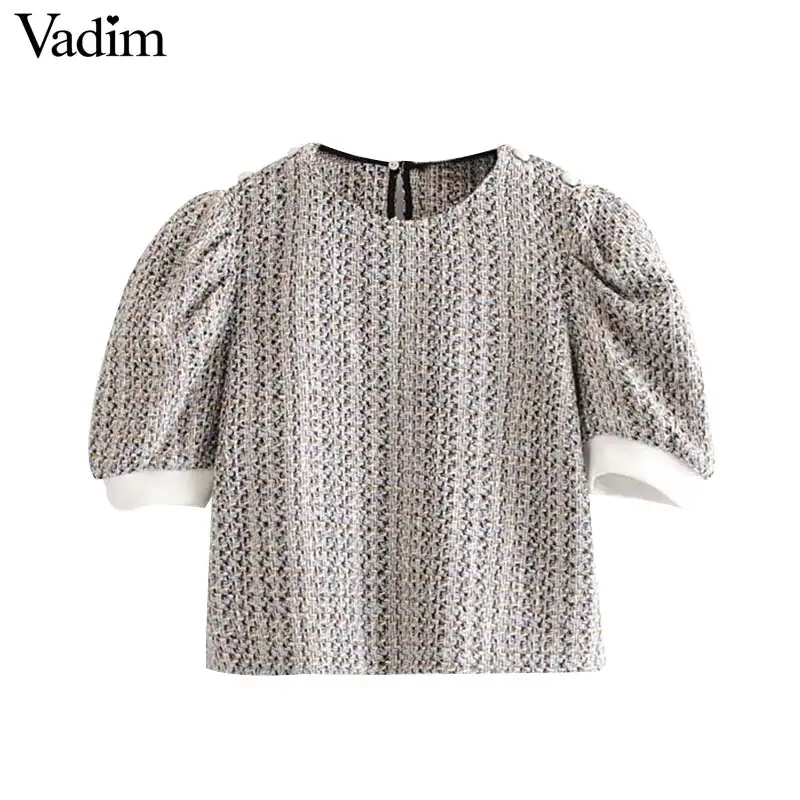 Vadim милый Женский твидовый Роскошная блуза с короткими рукавами и круглым